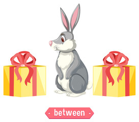 Preposition wordcard with bunny between boxes
