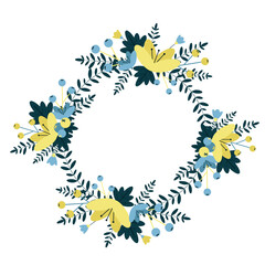Vector floral wreath with two different types of floral compositions. A bouquets of yellow and blue flowers with dark green leaves and branches, also with blue and yellow berries. 