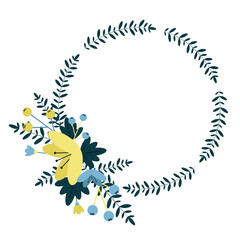 Fototapeta na wymiar Vector floral wreath with the floral composition. A bouquet of yellow and blue flowers with dark green leaves and branches, also with blue and yellow berries. 