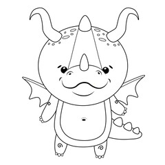 Vector black and white illustration of a cute little dragon in kawaii style. A childish character for kids coloring or training books and games.