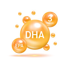 Fish oil omega 3 Nutrients DHA and EPA Shining orange. Benefits of pills improving mental, heart. Supplemental eyes, bones health and lower cholesterol level. 3D Vector EPS10. - obrazy, fototapety, plakaty