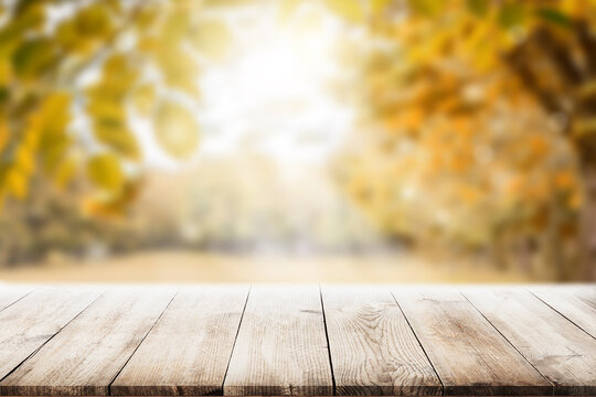 Empty wooden table with autumn for a catering or food background with a country outdoor theme,Template mock up for display of product