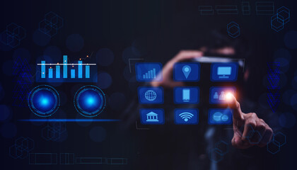 Hand touch on visual screen 3D data application technology and VR glasses on metaverse AI control