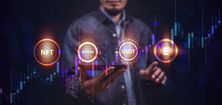 Hand holding visual screen graph chart digital technology and Trader online trading investment for cryptocurrency money and bitcoins using data in blockchain