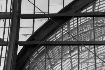 Glass conservatory greenhouse; repeated geometric shapes and lines