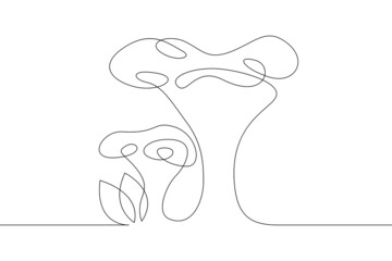 Forest mushrooms in nature.Fresh organic food.One continuous line.Continuous line drawing.Line Art isolated white background.
