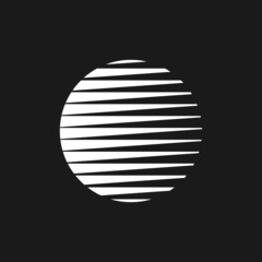Retrowave sun, sunset or sunrise 1980s style. Synthwave black and white circle shape with horizontal lines. Circle design element for retrowave style projects. Vector