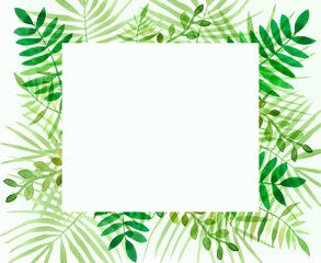 Fototapeta na wymiar Decorative frame with watercolor green leaves isolated on a white background. Template for postcards, invitations, business cards.