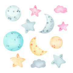 Watercolor moon, stars set isolated on white background