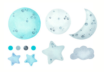 Watercolor moon, stars set isolated on white background. Blue moon and stars watercolor set. Cute moon and stars.