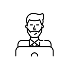 Stylish young man working at a laptop. Pixel perfect, editable stroke color icon