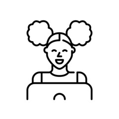 Girl with curly ponytails using a laptop. Pixel perfect, editable stroke icon