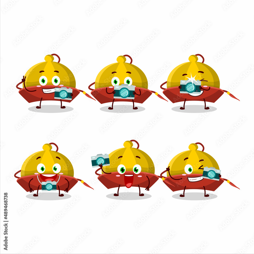 Wall mural photographer profession emoticon with yellow chinese traditional hat cartoon character