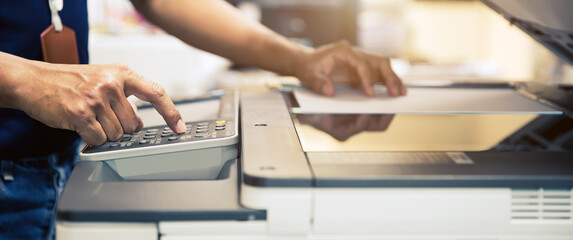 Copier printer, Close up hand office man press copy button on panel to using the copier or...