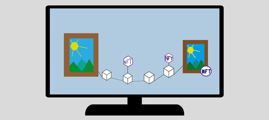 The concept of converting a work of art into a unique token for sale on the online market. Crypto art for NFT, an irremovable token. Monitor with pictures isolated on a gray background. 