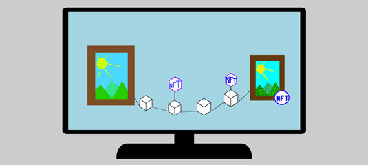 The concept of converting a work of art into a unique token for sale on the online market. Crypto art for NFT, an irremovable token. Monitor with pictures isolated on a gray background.