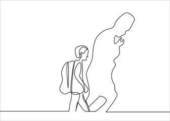 a little student walks daydreaming and thinking and the silhouette of a commander is reflected on the wall