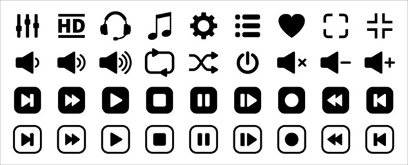 Media music player button icons. Multimedia player buttons set. Contains icon of equalizer, pause, setting, record, favorite, repeat, power, menu, forward, backward, next, back. Vector illustration.