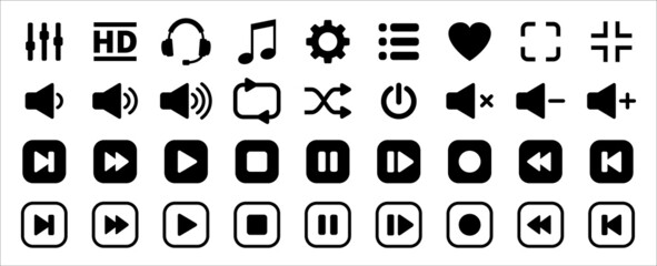 Media music player button icons. Multimedia player buttons set. Contains icon of equalizer, pause, setting, record, favorite, repeat, power, menu, forward, backward, next, back. Vector illustration. © great19