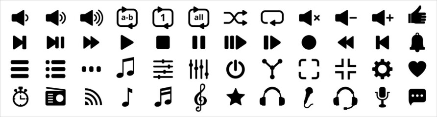 Fototapeta premium Media music player button icons. Multimedia player buttons set. Contains icon of equalizer, pause, setting, record, favorite, repeat, radio, menu, streaming, backward, next, back. Vector illustration.