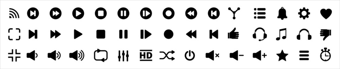 Media music player button icons. Multimedia player buttons set. Contains icon of equalizer, pause, setting, record, favorite, repeat, radio, menu, streaming, backward, next, back. Vector illustration. - obrazy, fototapety, plakaty