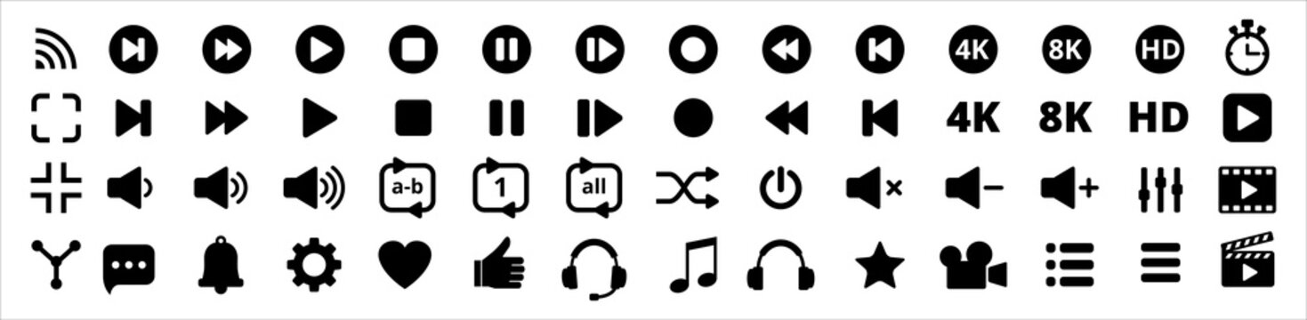 Media video player button icons. Multimedia movie player buttons set. Contains icon of equalizer, pause, setting, record, 8k, hd, repeat, 4k, menu, streaming, backward, next, back. Vector illustration
