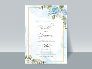 Hand drawing blue roses wedding invitation card