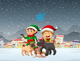 Snowy night scene with Christmas cartoon characters