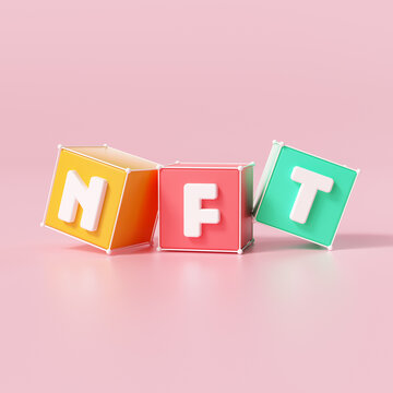 NFT non-fungible token words at cube box on pink background. Funny nft cartoons style. 3d render illustration