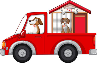 Dogs riding a car on white background