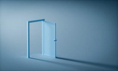 3D Light shines through the Open door, Concept of business opportunities, motivation, hope, overcome problems, and solution-finding. 3d rendering