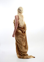  Full length portrait of pretty female model wearing  grecian goddess  toga gown, posing with...