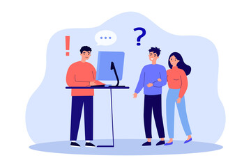 Couple of clients asking question to shop assistant. Worker with computer talking to man and woman flat vector illustration. Customer support, communication, assistance concept for banner