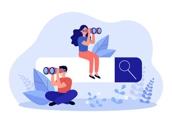 Search engine with tiny people looking through binoculars. Man and woman doing research flat vector illustration. Search, information, internet, technology concept for banner or landing web page