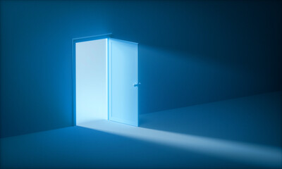 3D Light shines through the Open door, Concept of business opportunities, motivation, hope, overcome problems, and solution-finding. 3d rendering
