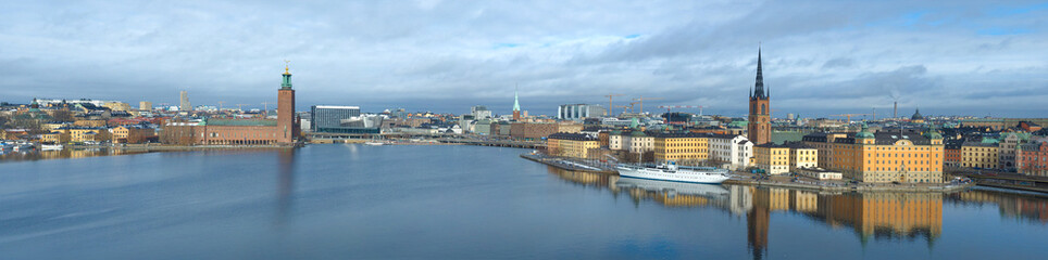 Fototapeta na wymiar Panorama of the central part of modern Stockholm on a March day