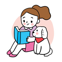 Cartoon cute education, girl reading book and dog vector.