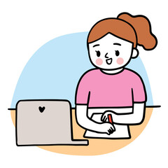 Cartoon cute education, Girl playing laptop vector.