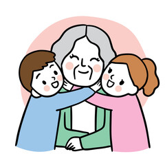 Cartoon cute elderly woman hugging girl and boy vector.