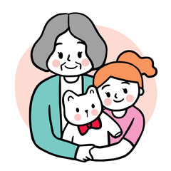 Cartoon cute elderly woman hug girl and bear doll vector.