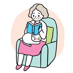 Cartoon cute elderly woman reading book and cat vector.