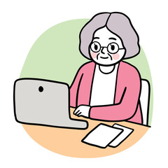 Cartoon cute elderly woman playing laptop vector.