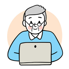 Cartoon cute elderly man playing laptop vector.