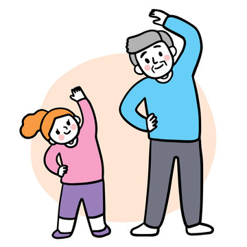 Cartoon Cute Elderly Man And Girl Exercise Vector.