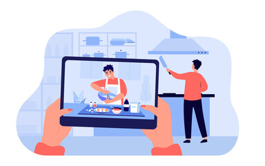 Hands holding tablet with video of happy chef cooking. Man making meal with tutorial in home kitchen flat vector illustration. Food, cuisine concept for banner, website design or landing web page