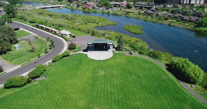 Aerial drone video of Les Schwab Amphitheater in Bend, Oregon.