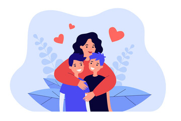 Cartoon mother hugging two teen sons. Smiling woman embracing boys flat vector illustration. Family, motherhood, love, care, relationship concept for banner, website design or landing web page