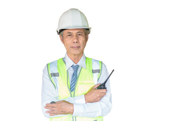 A senior Asian engineer in a helmet stands holding a radio transmitter on a white background.