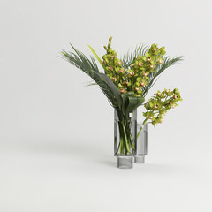 Glass vase with decorative flowers isolated on light background