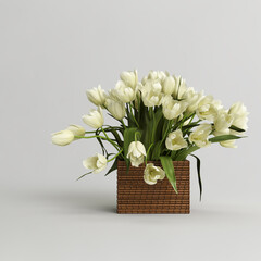 Basket of white tulips isolated on light background